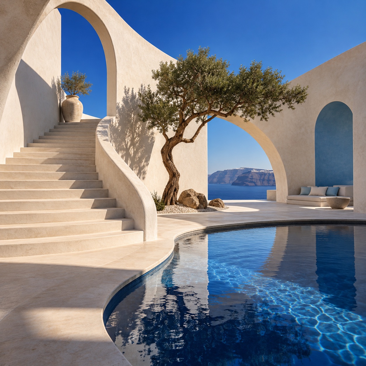 Curved ivory stairs beside a cobalt reflecting pool