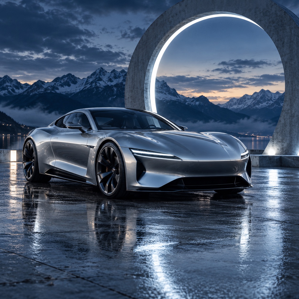 Silver concept sports car at a luminous circular portal at dusk