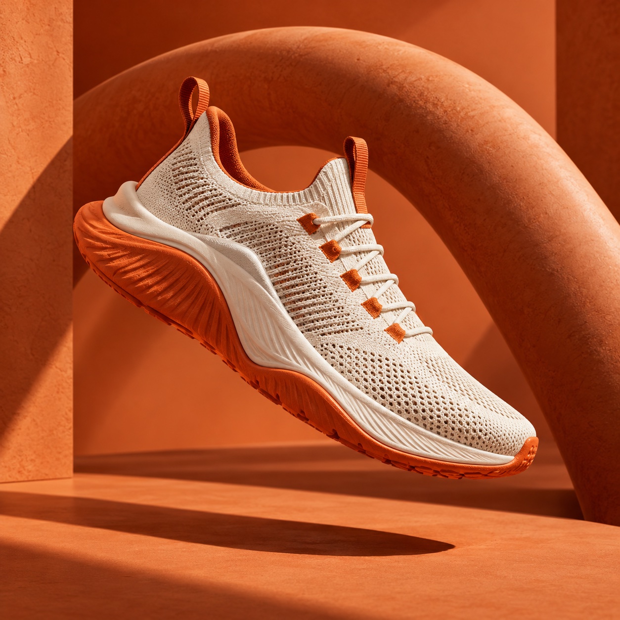 Cream and orange running shoe floating in a terracotta studio