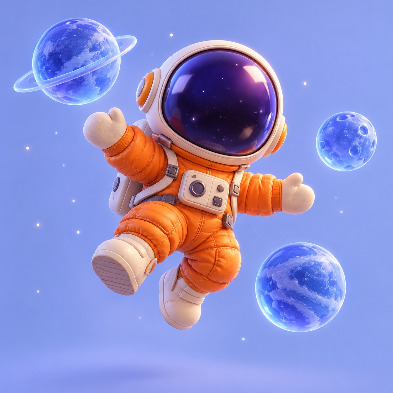Small orange astronaut with translucent blue planets