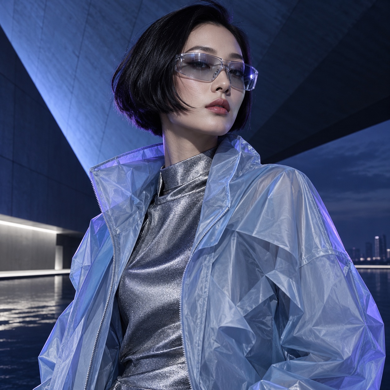 Adult fashion model in an ice-blue technical jacket and translucent glasses