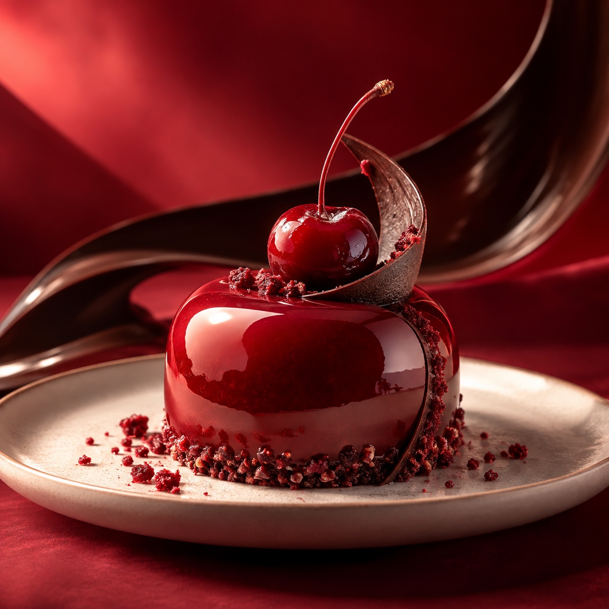 Glossy cherry-red dessert with a sculptural chocolate ribbon