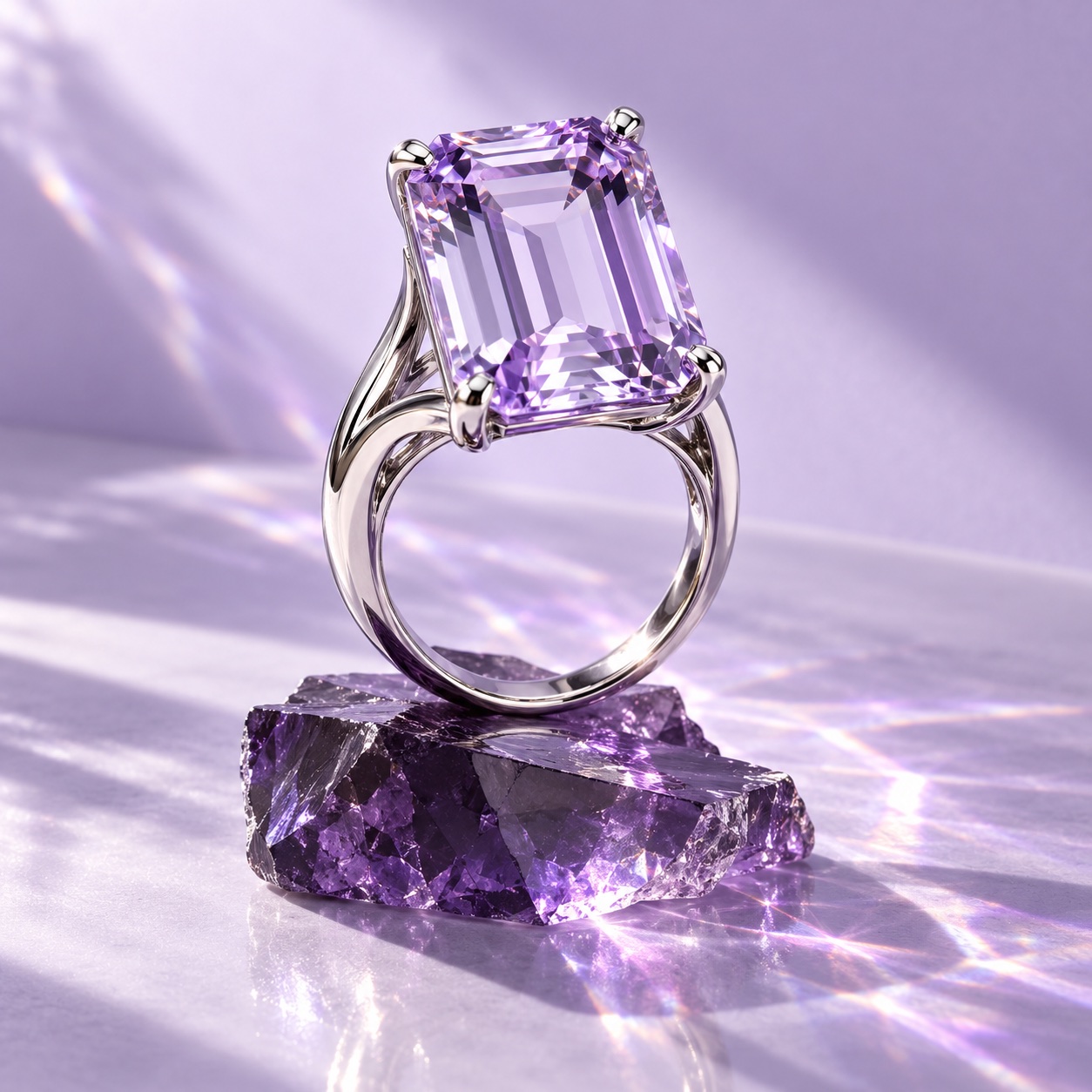 White gold ring with a lavender gemstone on amethyst glass