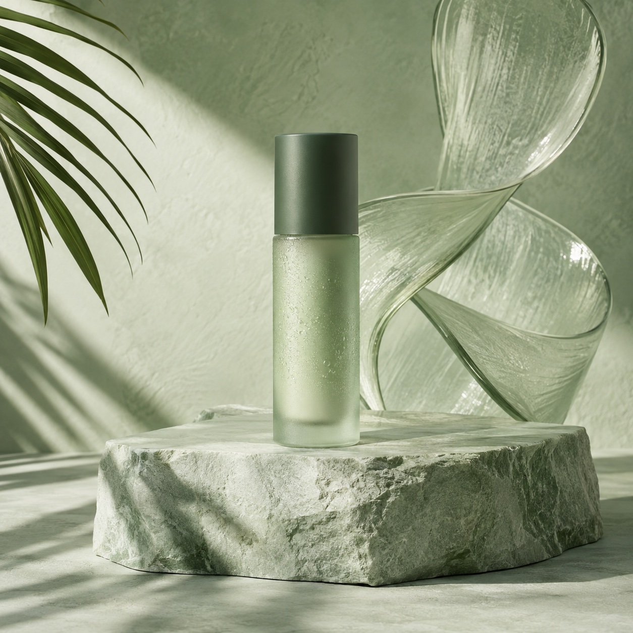 Frosted sage serum bottle on a stone plinth with a glass ribbon